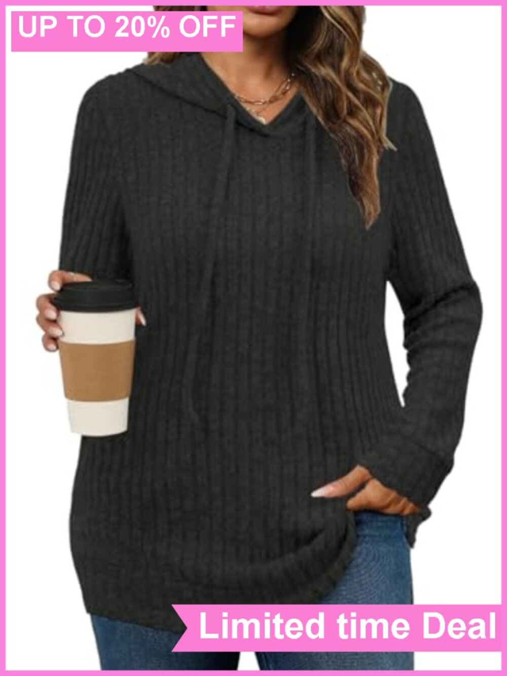 Plus Size Lightweight Hoodie Sweater Long Sleeve Ribbed Knit Tunic Top